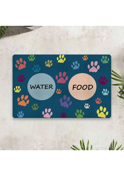 Water Food Kedi Köpek Dijital Baskılı 50 x 70 cm Dekoratif Çok Amaçlı Iç ve Dış Kapı Paspası Mama Paspası