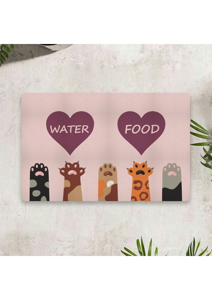 Water Food Kedi Köpek Kalp Dijital Baskılı 50 x 70 cm Dekoratif Çok Amaçlı Iç ve Dış Kapı Paspası Mama Paspası