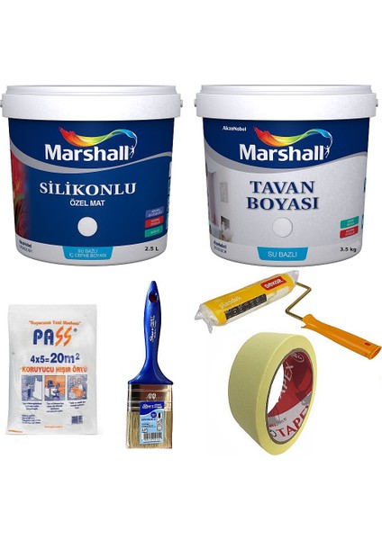 Silikonlu Özel Mat Iç Cephe Boyası 2.5 Lt + Tavan Boyası 3.5 kg + 4 Parça Boyama Seti