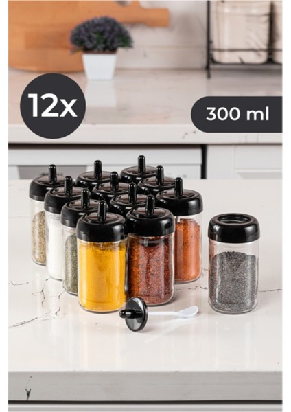 12 Adet Kapağı Kendinden Kaşıklı Baharatlık Seti - 300 ml Cam Kavanoz fiyatları