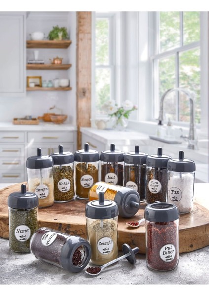 12 Adet Kapağı Kendinden Kaşıklı Baharatlık Seti - 300 ml Cam Kavanoz modelleri