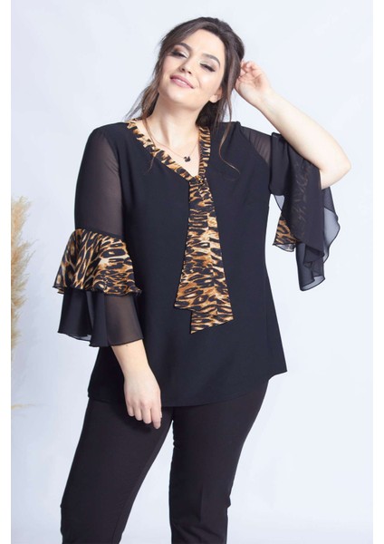 4039 Siyah/leopar Volan Kollu Büyük Beden Bluz