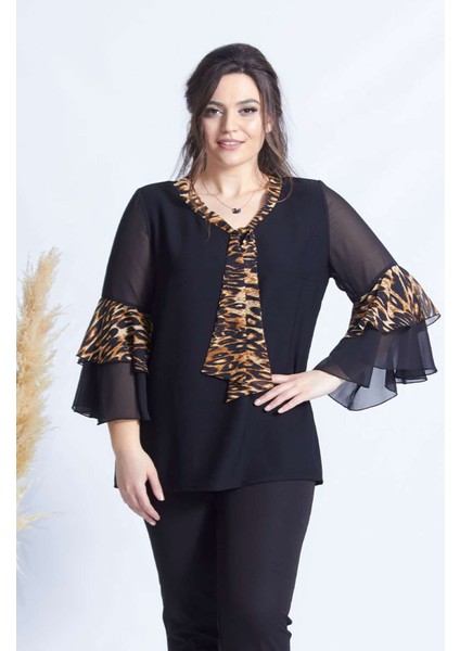 4039 Siyah/leopar Volan Kollu Büyük Beden Bluz