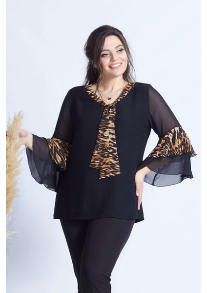 4039 Siyah/leopar Volan Kollu Büyük Beden Bluz fiyatları