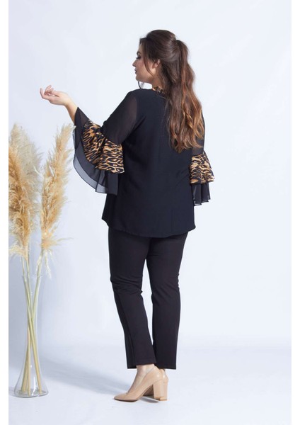 4039 Siyah/leopar Volan Kollu Büyük Beden Bluz fırsatları
