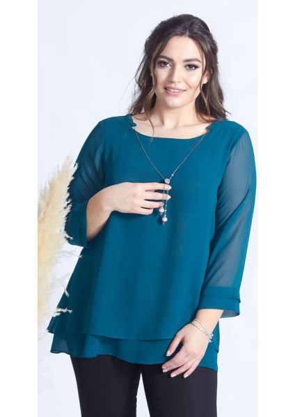1934 Petrol Kolye Yakalı Şifon Büyük Beden Şık Bluz