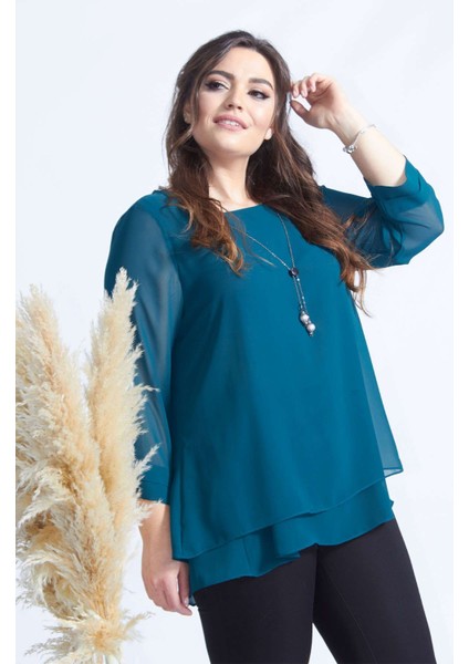 1934 Petrol Kolye Yakalı Şifon Büyük Beden Şık Bluz fiyatları