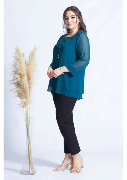 1934 Petrol Kolye Yakalı Şifon Büyük Beden Şık Bluz modelleri