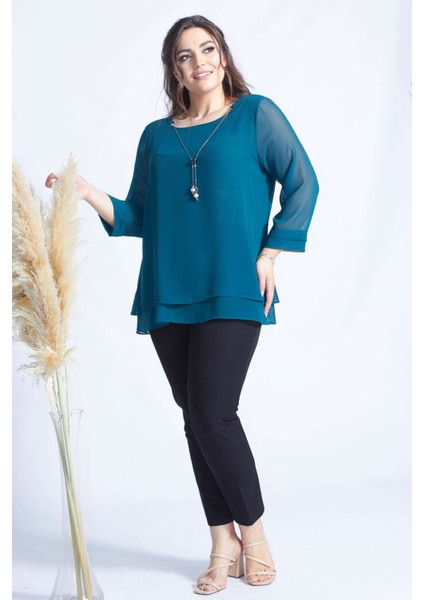 1934 Petrol Kolye Yakalı Şifon Büyük Beden Şık Bluz indirimleri