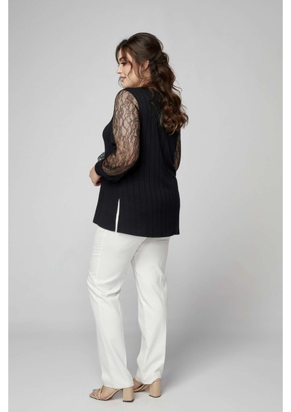 1952 Siyah Kolu Dantelli Şık Esnek Büyük Beden Triko Bluz modelleri