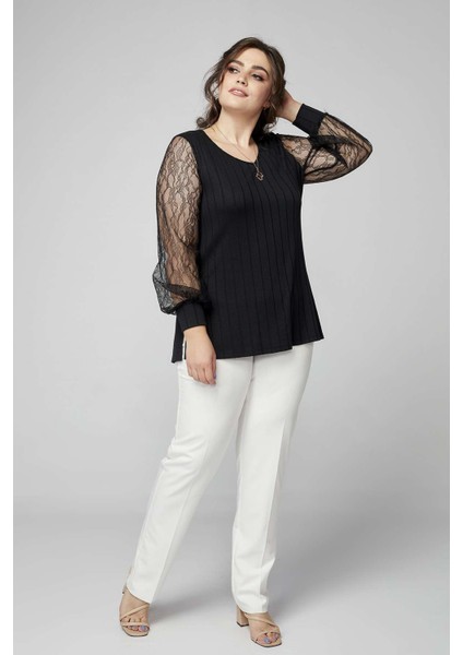 1952 Siyah Kolu Dantelli Şık Esnek Büyük Beden Triko Bluz fırsatları