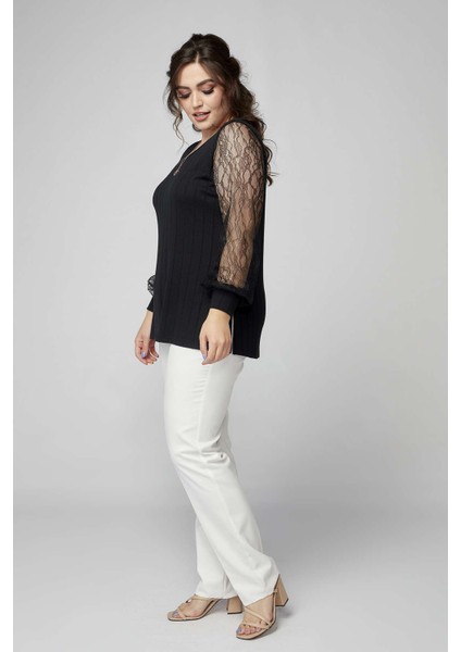 1952 Siyah Kolu Dantelli Şık Esnek Büyük Beden Triko Bluz indirimleri