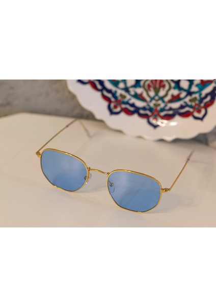 E102 Metal Geometrik Model Gold- Mavi Güneş Gözlüğü C2-Cat.3 fırsatları