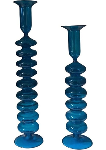 2’li Akordiyon Mavi Üfleme Cam Mumluk