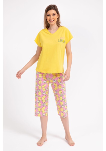 Cute Lemon Sarı Kadın Kapri Takım modelleri