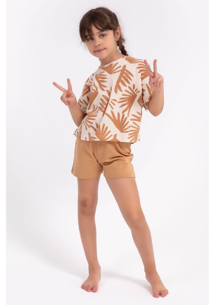 Yaprak Desenli Camel Kız Çocuk Şort Takım