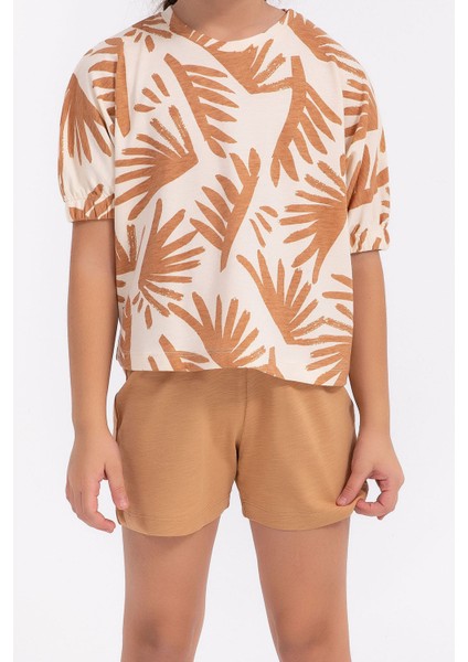 Yaprak Desenli Camel Kız Çocuk Şort Takım fırsatları