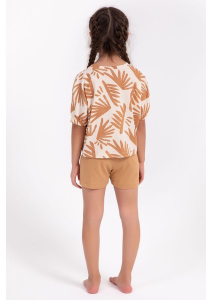 Yaprak Desenli Camel Kız Çocuk Şort Takım indirimleri