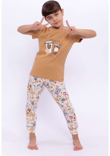 But First Coffee Camel Kız Çocuk Pijama Takımı
