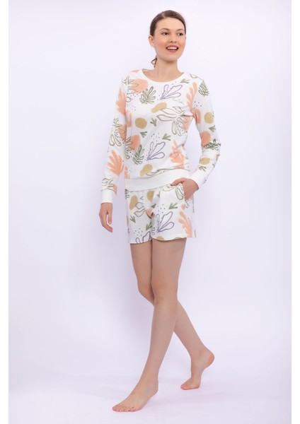 Soft Leaf Pattern Krem Kadın Uzun Kol Şort Takım