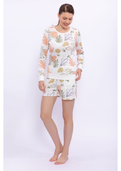 Soft Leaf Pattern Krem Kadın Uzun Kol Şort Takım fiyatları