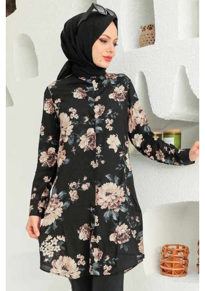 - Desenli Siyah Tesettür Tunik 11550S