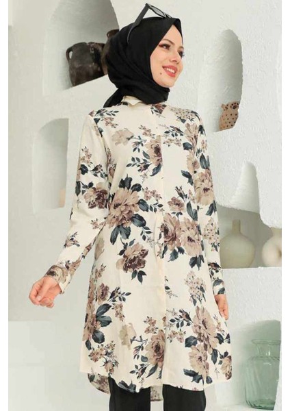 - Desenli Bej Tesettür Tunik 11550BEJ