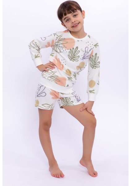 Soft Leaf Pattern Krem Kız Çocuk Uzun Kol Şort Takım