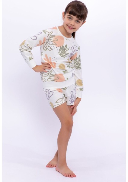 Soft Leaf Pattern Krem Kız Çocuk Uzun Kol Şort Takım fiyatları