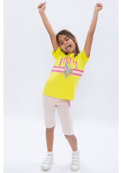Limon Sarısı Kız Çocuk Bisiklet Yaka Bermuda Tayt Takım