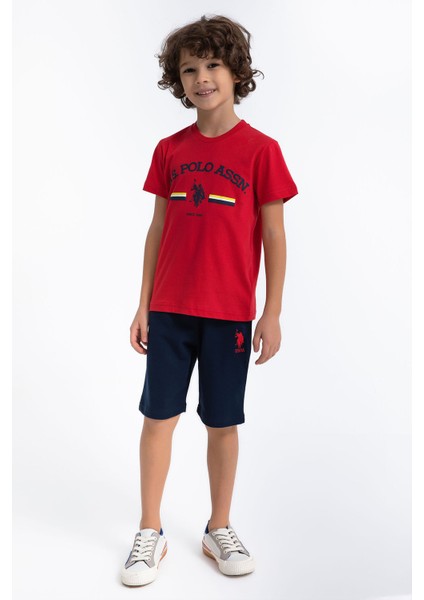 Kırmızı Lacivert Erkek Çocuk Bisikler Yaka Bermuda Takım
