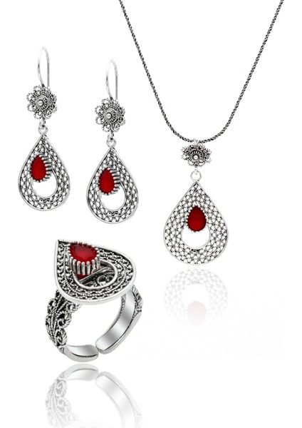 Yakut Taşlı Damla Tasarım Telkari Gümüş Üçlü Set