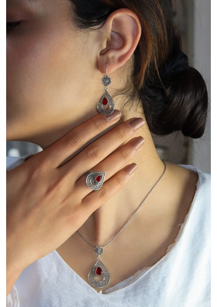Yakut Taşlı Damla Tasarım Telkari Gümüş Üçlü Set fiyatları
