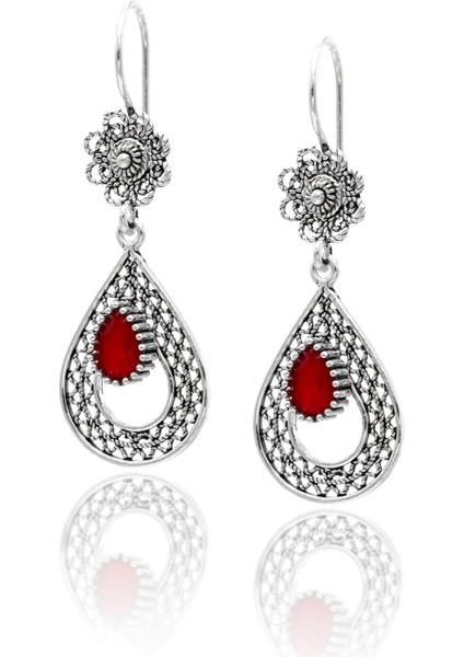 Yakut Taşlı Damla Tasarım Telkari Gümüş Üçlü Set modelleri