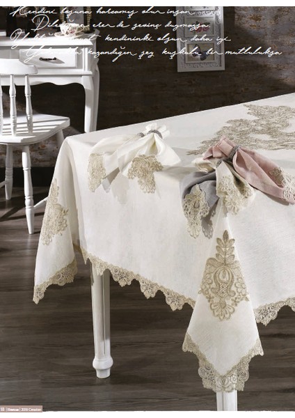 Venüs Lüx Dantelli Simli Keten Kumaş Bej Masa Örtüsü ve Peçeteli Sofra Takımı 8 kişilik Dikdörtgen 160x230 cm 17 Parça - 165