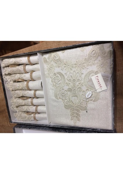 Venüs Lüx Dantelli Simli Keten Kumaş Bej Masa Örtüsü ve Peçeteli Sofra Takımı 8 kişilik Dikdörtgen 160x230 cm 17 Parça - 165 fiyatları