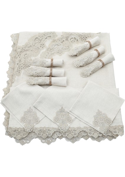 Venüs Lüx Dantelli Simli Keten Kumaş Bej Masa Örtüsü ve Peçeteli Sofra Takımı 8 kişilik Dikdörtgen 160x230 cm 17 Parça - 165 fırsatları