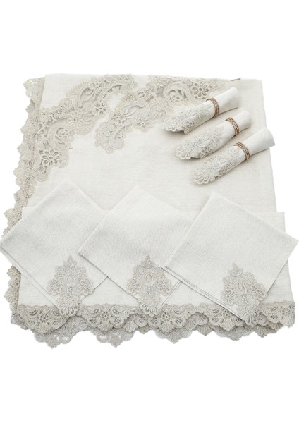 Venüs Lüx Dantelli Simli Keten Kumaş Bej Masa Örtüsü ve Peçeteli Sofra Takımı 8 kişilik Dikdörtgen 160x230 cm 17 Parça - 165 indirimleri