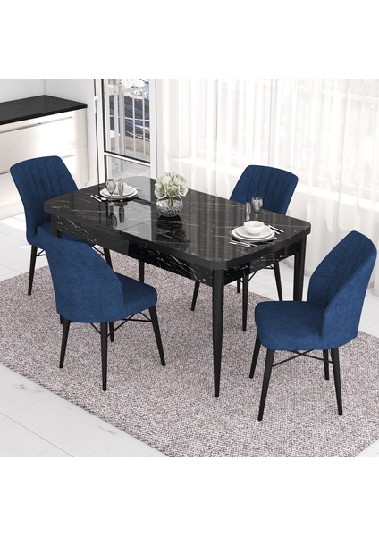 Concept Eva Serisi Mutfak Masa Takımı, Açılabilir 80X132 Mdf Siyah Mermer Desen Masa ve 4 Sandalye