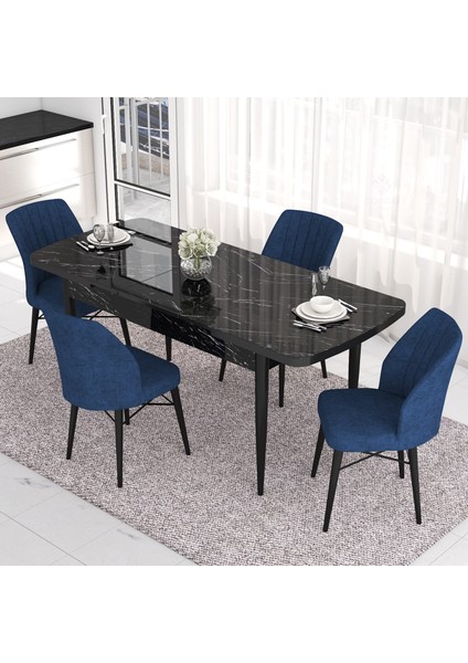 Concept Eva Serisi Mutfak Masa Takımı, Açılabilir 80X132 Mdf Siyah Mermer Desen Masa ve 4 Sandalye