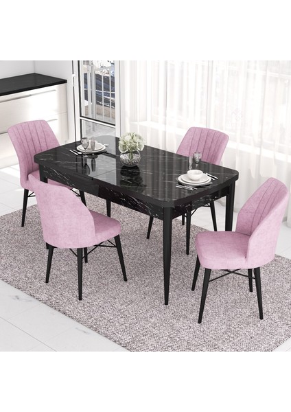 Concept Eva Serisi Mutfak Masa Takımı, Açılabilir 80X132 Mdf Siyah Mermer Desen Masa ve 4 Sandalye