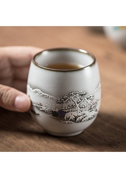 1 Adet Çin Seramik Çay Kupası Beyaz Porselen Kung Fu Bardaklar Kolu ile Drinkware Şarap Kahve Kupa Teacup Toptan | Teacups (Kar Sahnesi)
