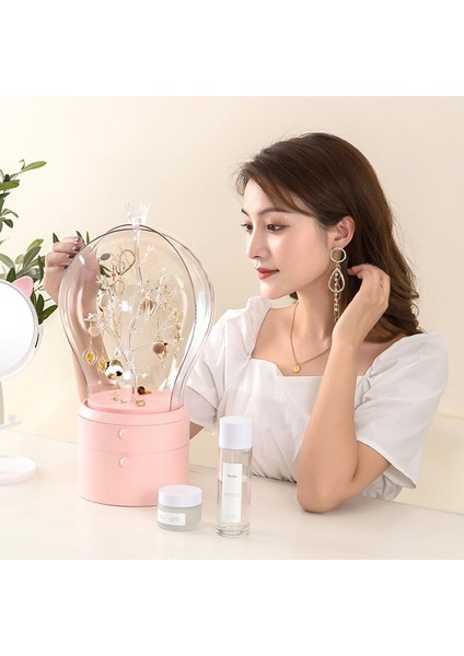 LED Işık Makyaj Organizatör Şeffaf Takı Saklama Kutusu Taşınabilir 360 Hem Döndür Küpe Kolye Raf | Saklama Kutuları ve bidon