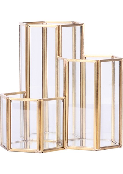 Cam Bakır Altıgen Kompozit Kalem Tutucu Makyaj Fırça Cam Kutu Çok Işlevli Masaüstü Organizatör Ofis Aksesuarları | Makyaj Organizatörleri