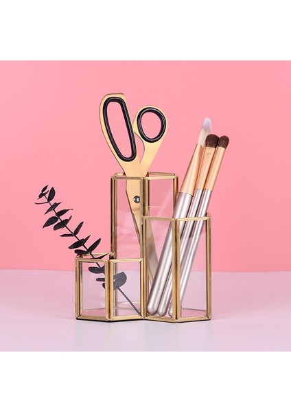 Cam Bakır Altıgen Kompozit Kalem Tutucu Makyaj Fırça Cam Kutu Çok Işlevli Masaüstü Organizatör Ofis Aksesuarları | Makyaj Organizatörleri fiyatları