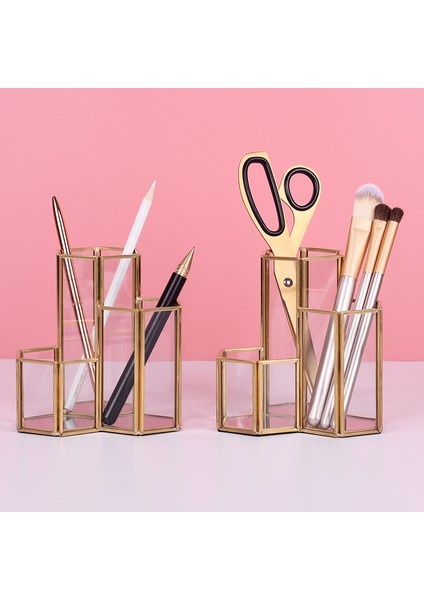 Cam Bakır Altıgen Kompozit Kalem Tutucu Makyaj Fırça Cam Kutu Çok Işlevli Masaüstü Organizatör Ofis Aksesuarları | Makyaj Organizatörleri modelleri
