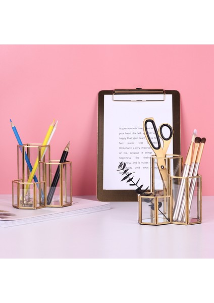 Cam Bakır Altıgen Kompozit Kalem Tutucu Makyaj Fırça Cam Kutu Çok Işlevli Masaüstü Organizatör Ofis Aksesuarları | Makyaj Organizatörleri fırsatları