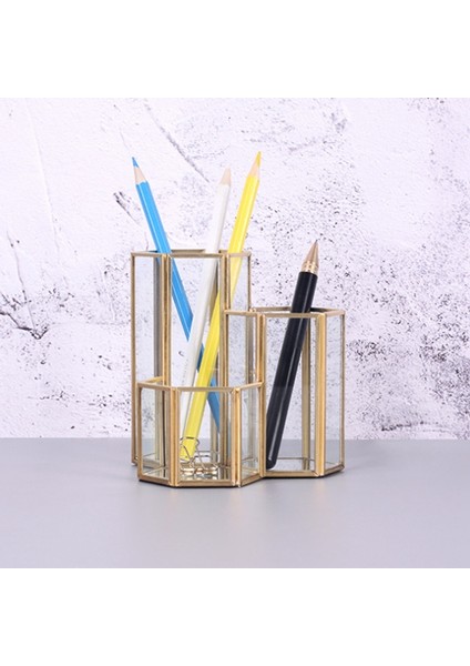 Cam Bakır Altıgen Kompozit Kalem Tutucu Makyaj Fırça Cam Kutu Çok Işlevli Masaüstü Organizatör Ofis Aksesuarları | Makyaj Organizatörleri indirimleri