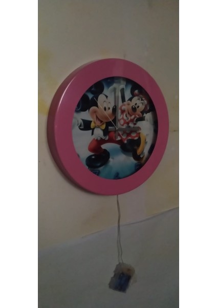 Ledli Işıklı Mickey Mouse Çocuk Odası Duvar Saati Aplik 36 cm Metal Pembe