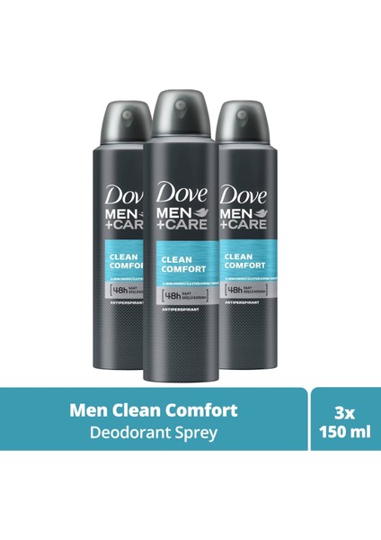 Men +Care Erkek Sprey Deodorant Clean Comfort 48 Saat Güçlü Koruma 150 Ml X3